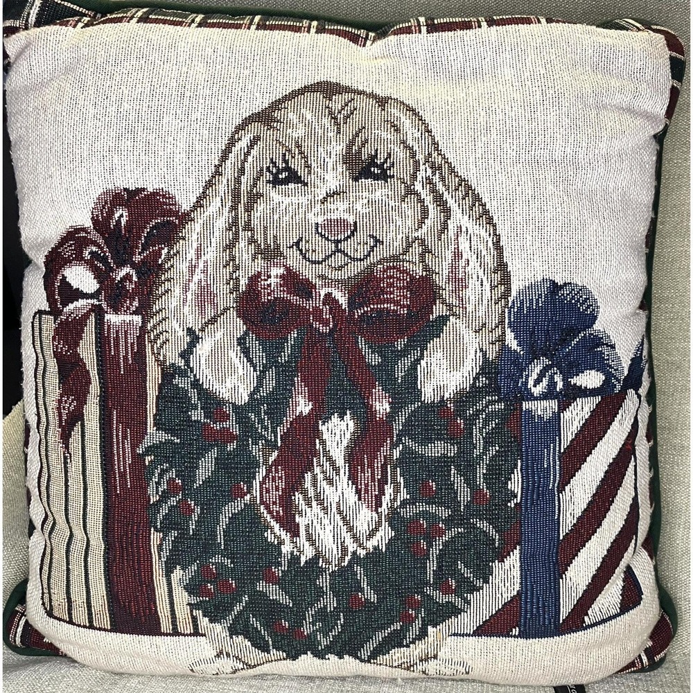 Portofino Christmas Bunny Tapestry Throw Pillow Woven Holiday Wreath Plaid Trim